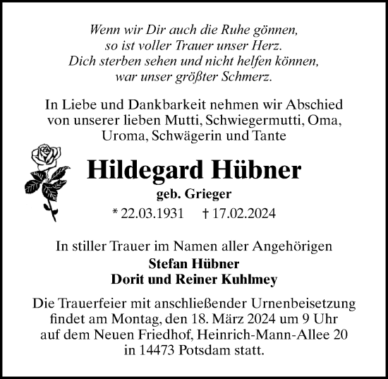 Traueranzeige von Hildegard Hübner von Märkischen Allgemeine Zeitung