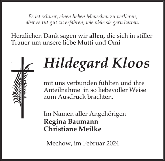 Traueranzeige von Hildegard Kloos von Wochenspiegel