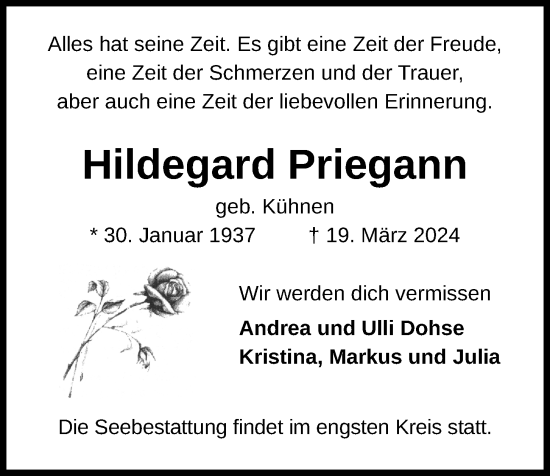 Traueranzeige von Hildegard Priegann von Kieler Nachrichten