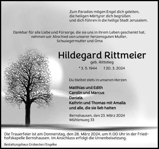 Traueranzeige von Hildegard Rittmeier von Eichsfelder Tageblatt