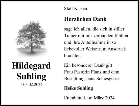 Traueranzeige von Hildegard Suhling von Aller Zeitung