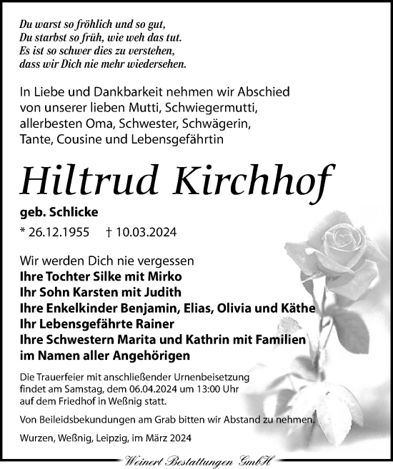 Traueranzeige von Hiltrud Kirchhof von Torgauer Zeitung