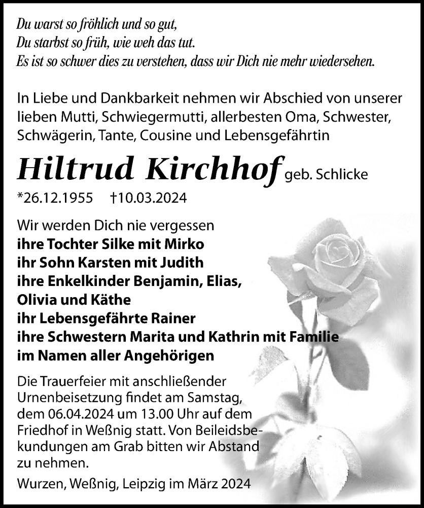  Traueranzeige für Hiltrud Kirchhof vom 23.03.2024 aus Leipziger Volkszeitung