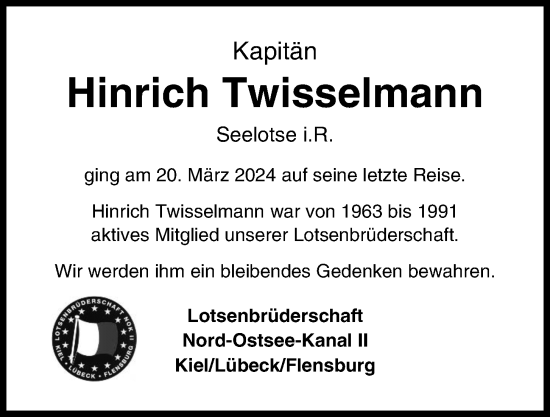 Traueranzeige von Hinrich Twisselmann von Kieler Nachrichten