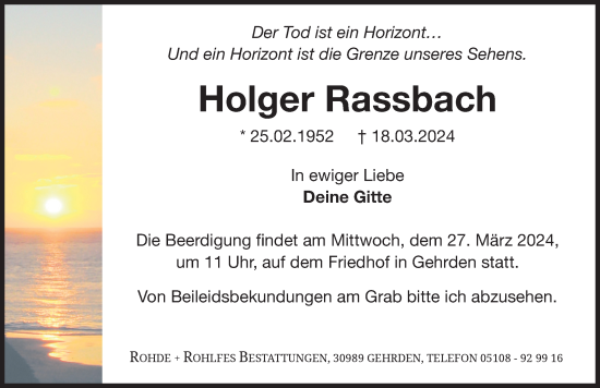 Traueranzeige von Holger Rassbach von Hannoversche Allgemeine Zeitung/Neue Presse