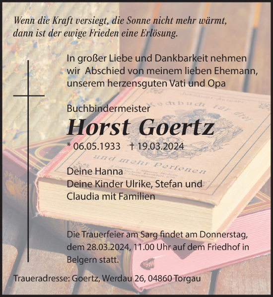 Traueranzeige von Horst Goertz von Torgauer Zeitung
