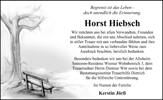 Traueranzeige von Horst Hiebsch von Ostsee-Zeitung GmbH