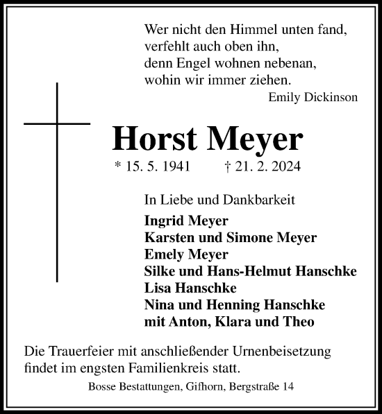 Traueranzeige von Horst Meyer von Aller Zeitung