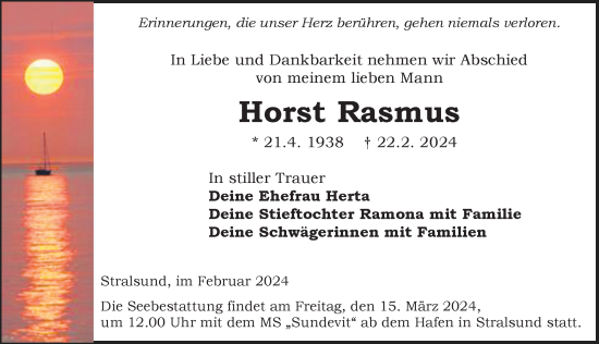 Traueranzeige von Horst Rasmus von Ostsee-Zeitung GmbH