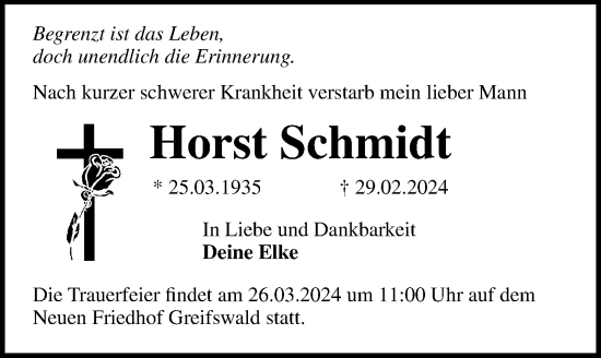 Traueranzeige von Horst Schmidt von Ostsee-Zeitung GmbH