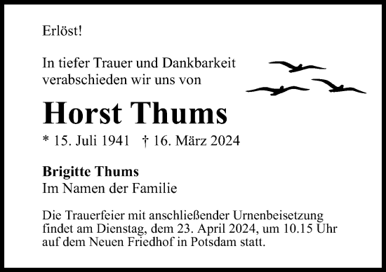 Traueranzeige von Horst Thums von Märkischen Allgemeine Zeitung