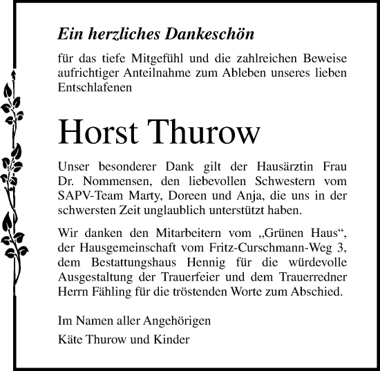 Traueranzeige von Horst Thurow von Ostsee-Zeitung GmbH