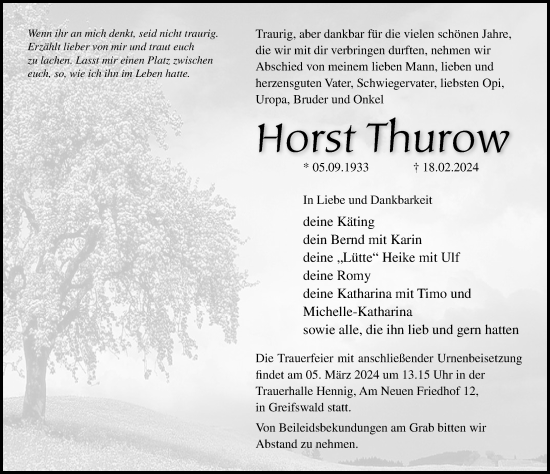 Traueranzeige von Horst Thurow von Ostsee-Zeitung GmbH