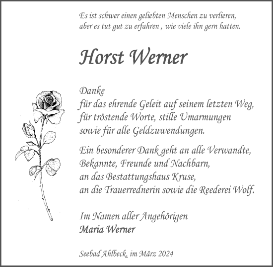Traueranzeige von Horst Werner von Ostsee-Zeitung GmbH