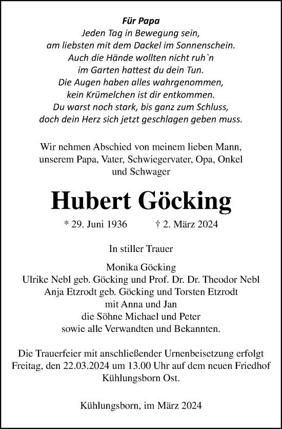 Traueranzeige von Hubert Göcking von Ostsee-Zeitung GmbH