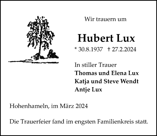 Traueranzeige von Hubert Lux von Peiner Allgemeine Zeitung