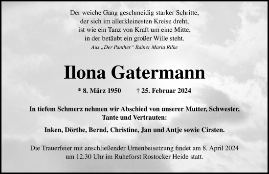 Traueranzeige von Ilona Gatermann von Ostsee-Zeitung GmbH