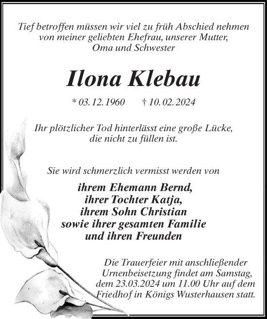 Traueranzeige von Ilona Klebau von Märkischen Allgemeine Zeitung