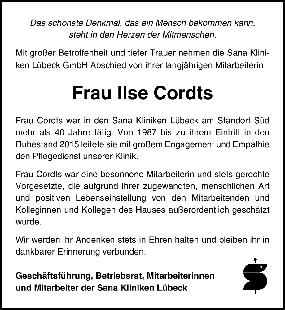  Traueranzeige für Ilse Cordts vom 31.03.2024 aus Lübecker Nachrichten