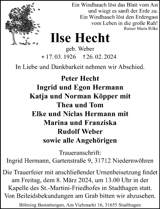 Traueranzeige von Ilse Hecht von Schaumburger Nachrichten