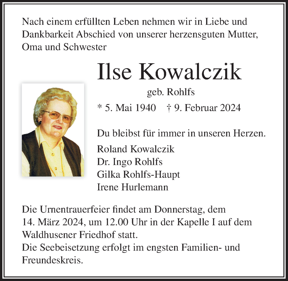  Traueranzeige für Ilse Kowalczik vom 10.03.2024 aus Lübecker Nachrichten