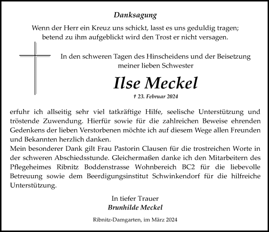 Traueranzeige von Ilse Meckel von Ostsee-Zeitung GmbH