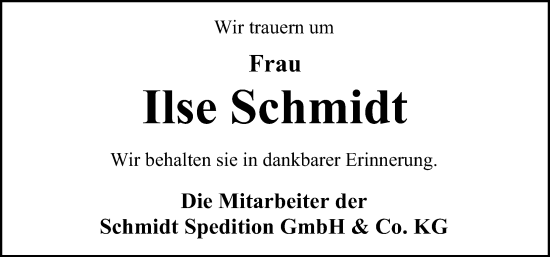Traueranzeige von Ilse Schmidt von Göttinger Tageblatt