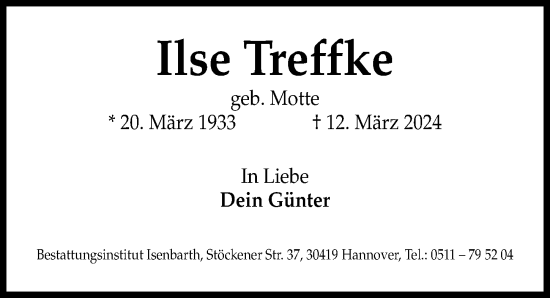 Traueranzeige von Ilse Treffke von Hannoversche Allgemeine Zeitung/Neue Presse