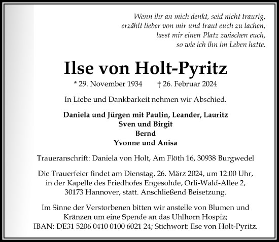Traueranzeige von Ilse von Holt-Pyritz von Hannoversche Allgemeine Zeitung/Neue Presse