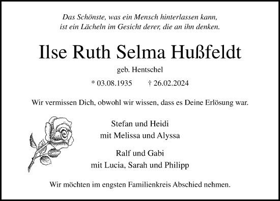 Traueranzeige von Ilse Ruth Selma Hußfeldt von Lübecker Nachrichten