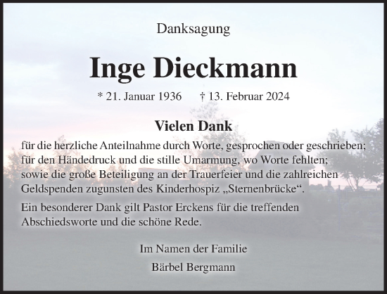 Traueranzeige von Inge Dieckmann von Lübecker Nachrichten