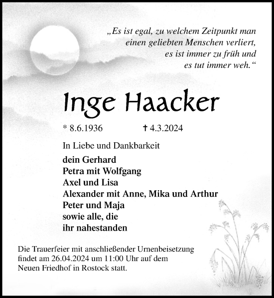 Traueranzeige von Inge Haacker von Ostsee-Zeitung GmbH
