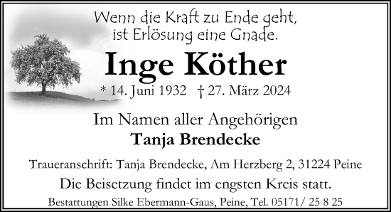 Traueranzeige von Inge Köther von Peiner Allgemeine Zeitung