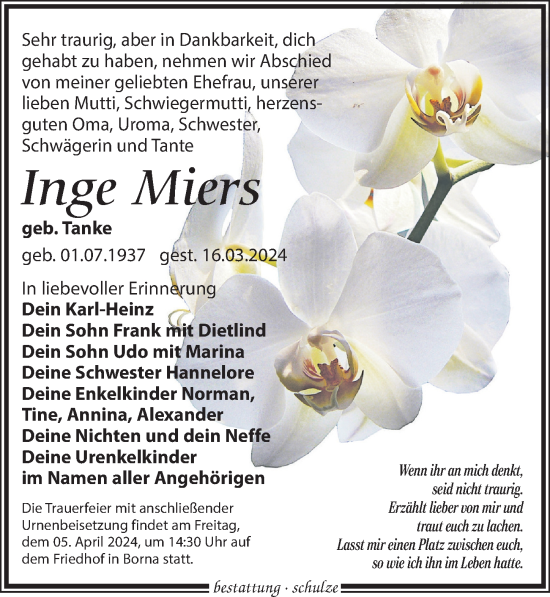 Traueranzeige von Inge Miers von Leipziger Volkszeitung