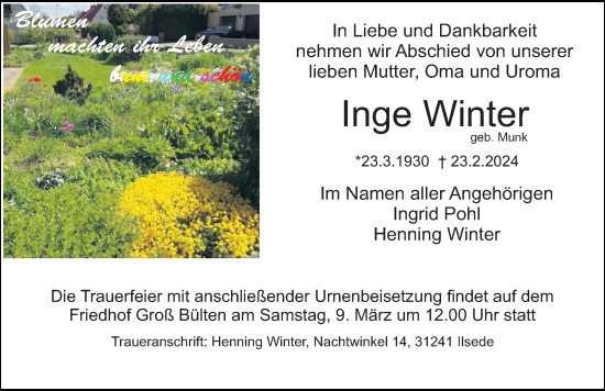 Traueranzeige von Inge Winter von Peiner Allgemeine Zeitung