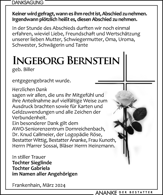 Traueranzeige von Ingeborg Bernstein von Leipziger Volkszeitung