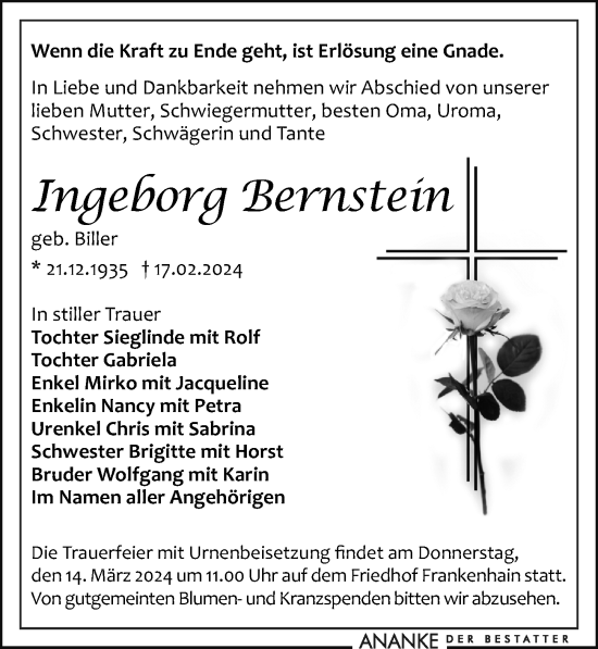 Traueranzeige von Ingeborg Bernstein von Leipziger Volkszeitung