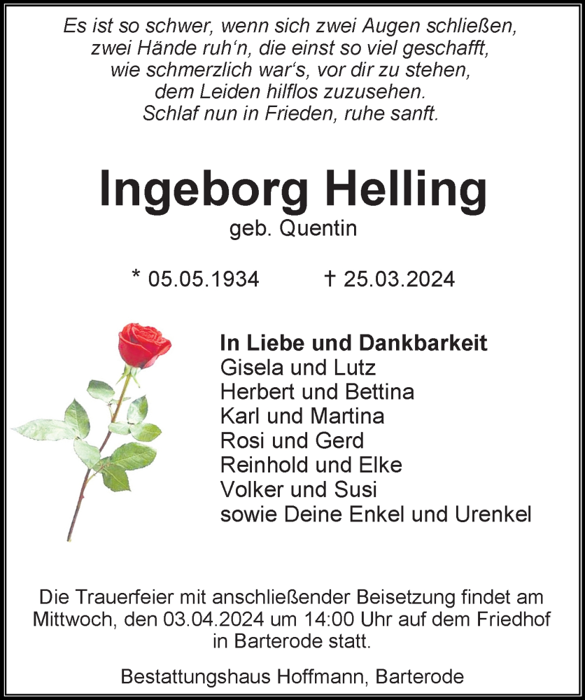  Traueranzeige für Ingeborg Helling vom 30.03.2024 aus Göttinger Tageblatt