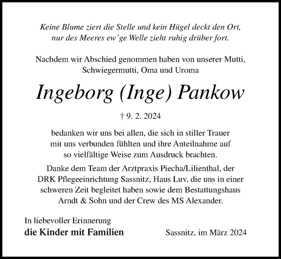 Traueranzeige von Ingeborg Pankow von Ostsee-Zeitung GmbH