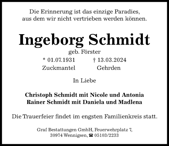 Traueranzeige von Ingeborg Schmidt von Hannoversche Allgemeine Zeitung/Neue Presse
