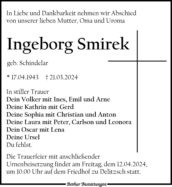 Traueranzeige von Ingeborg Smirek von Leipziger Volkszeitung
