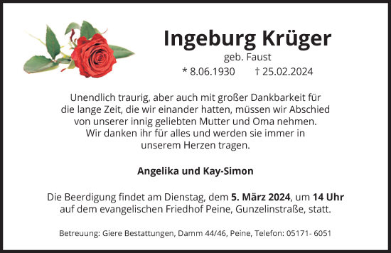 Traueranzeige von Ingeburg Krüger von Peiner Allgemeine Zeitung