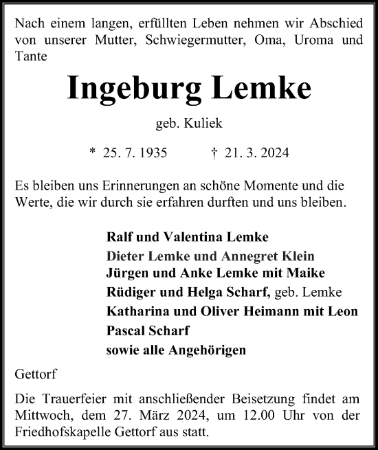 Traueranzeige von Ingeburg Lemke von Kieler Nachrichten