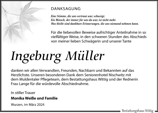 Traueranzeige von Ingeburg Müller von Leipziger Volkszeitung