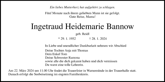 Traueranzeige von Ingetraud Heidemarie Bannow von Ostsee-Zeitung GmbH