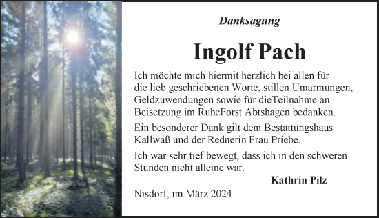 Traueranzeige von Ingolf Pach von Ostsee-Zeitung GmbH
