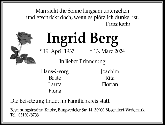 Traueranzeige von Ingrid Berg von Hannoversche Allgemeine Zeitung/Neue Presse