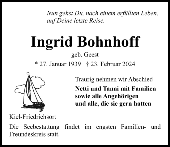 Traueranzeige von Ingrid Bohnhoff von Kieler Nachrichten