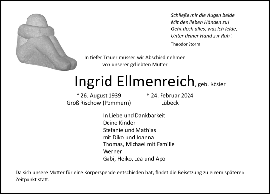 Traueranzeige von Ingrid Ellmenreich von Lübecker Nachrichten