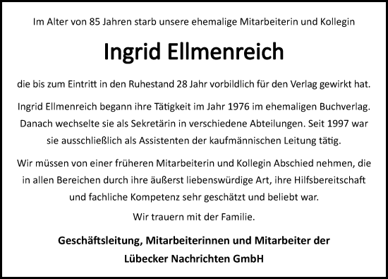 Traueranzeige von Ingrid Ellmenreich von Lübecker Nachrichten